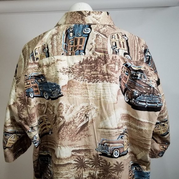 Kai Hawaii Hawaiian Shirt Woodie Wagon Car Beach Palm Tree 2XL XXL Brown Button - Picture 6 of 10
